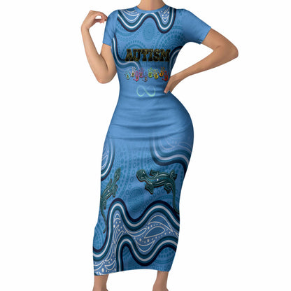 Australia Autism Support Short Sleeve Bodycon Dress In April We Wear Blue Aboriginal Lizard
