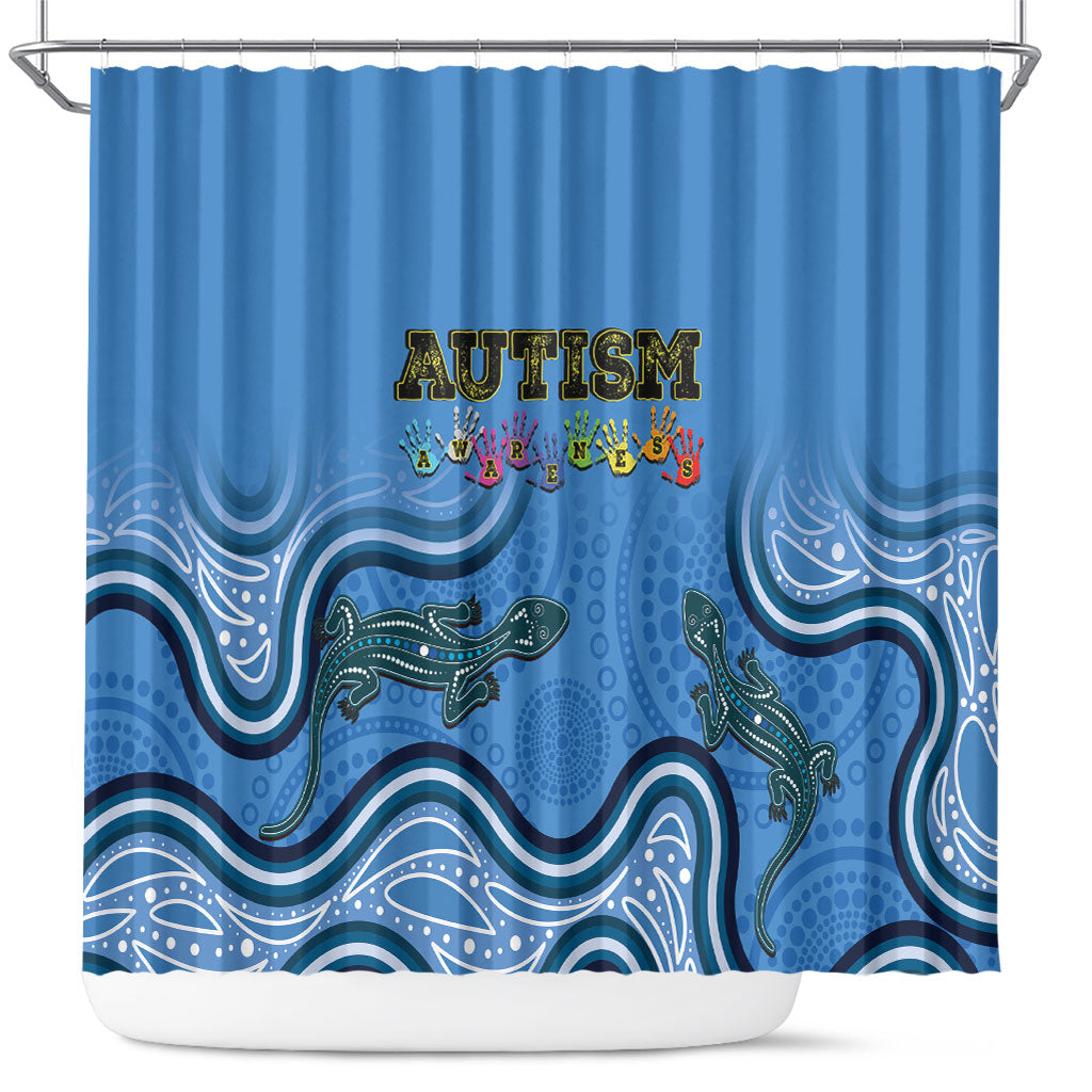 Australia Autism Support Shower Curtain In April We Wear Blue Aboriginal Lizard