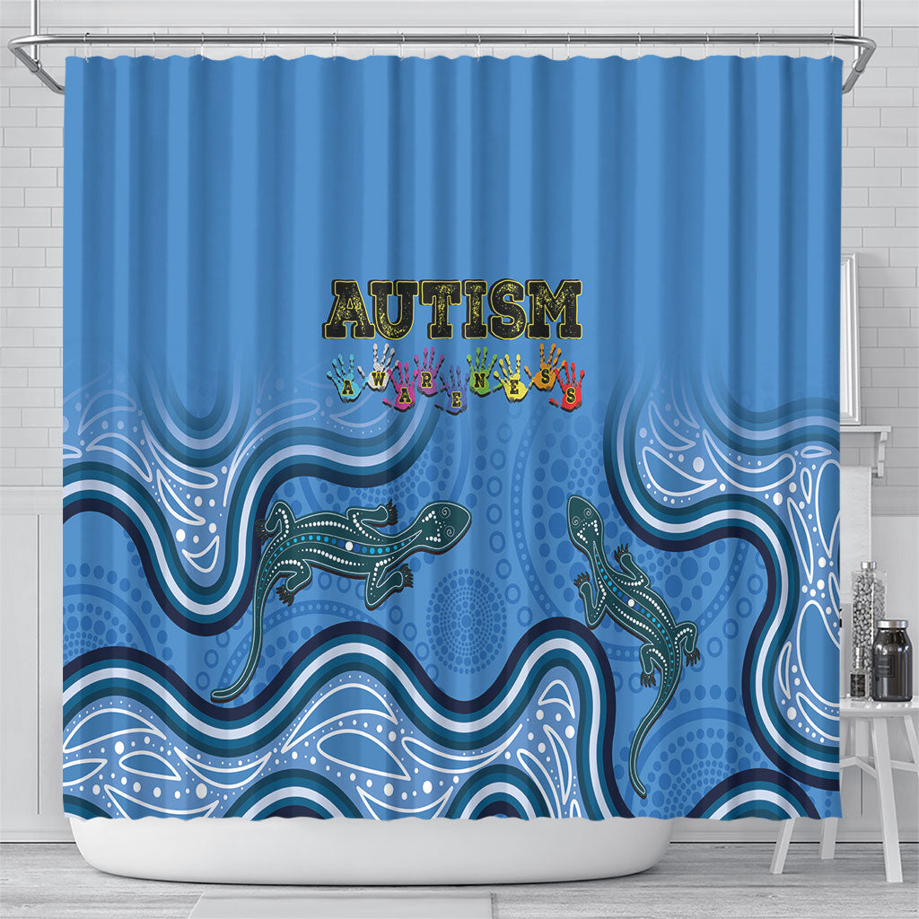 Australia Autism Support Shower Curtain In April We Wear Blue Aboriginal Lizard