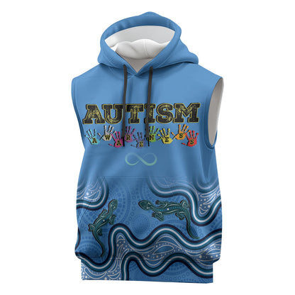 Australia Autism Support Sleeveless Hoodie In April We Wear Blue Aboriginal Lizard