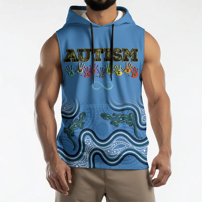 Australia Autism Support Sleeveless Hoodie In April We Wear Blue Aboriginal Lizard
