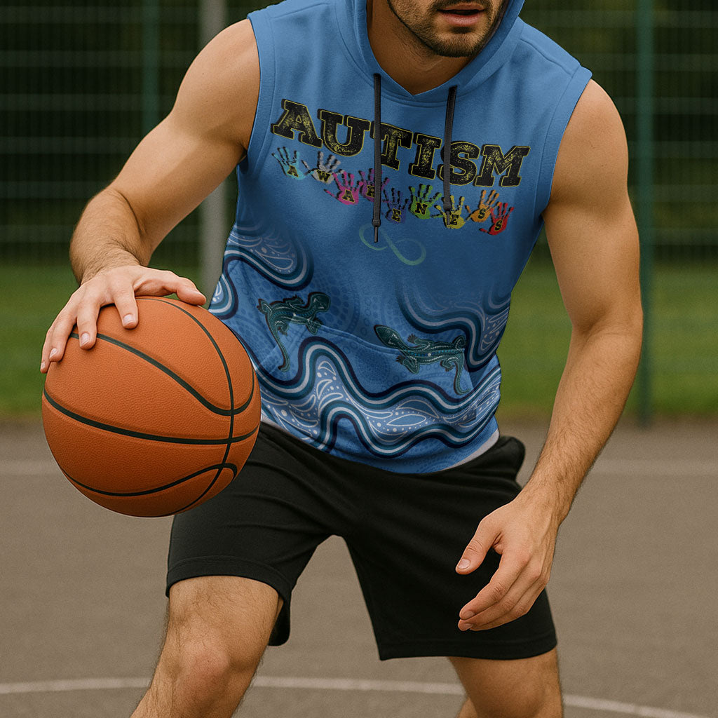 Australia Autism Support Sleeveless Hoodie In April We Wear Blue Aboriginal Lizard