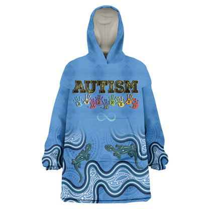 Australia Autism Support Wearable Blanket Hoodie In April We Wear Blue Aboriginal Lizard