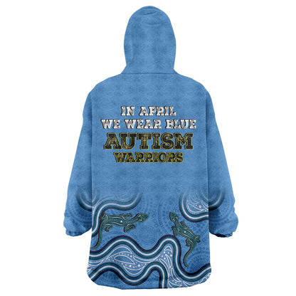 Australia Autism Support Wearable Blanket Hoodie In April We Wear Blue Aboriginal Lizard