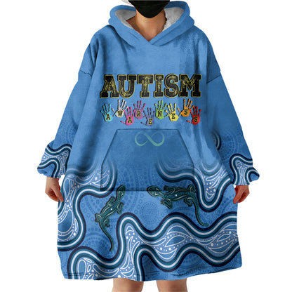 Australia Autism Support Wearable Blanket Hoodie In April We Wear Blue Aboriginal Lizard