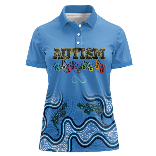 Australia Autism Support Women Polo Shirt In April We Wear Blue Aboriginal Lizard