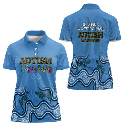 Australia Autism Support Women Polo Shirt In April We Wear Blue Aboriginal Lizard
