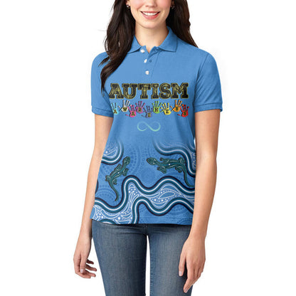 Australia Autism Support Women Polo Shirt In April We Wear Blue Aboriginal Lizard