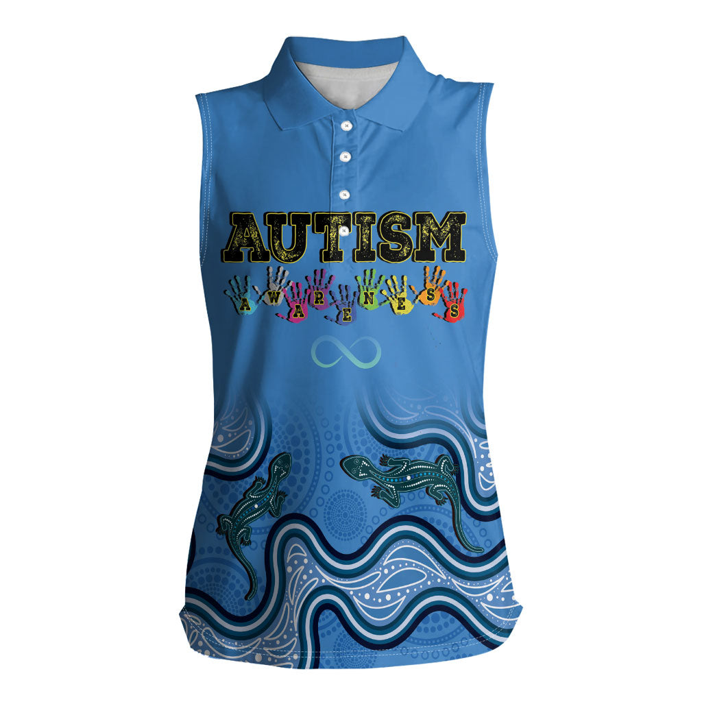 Australia Autism Support Women Sleeveless Polo Shirt In April We Wear Blue Aboriginal Lizard