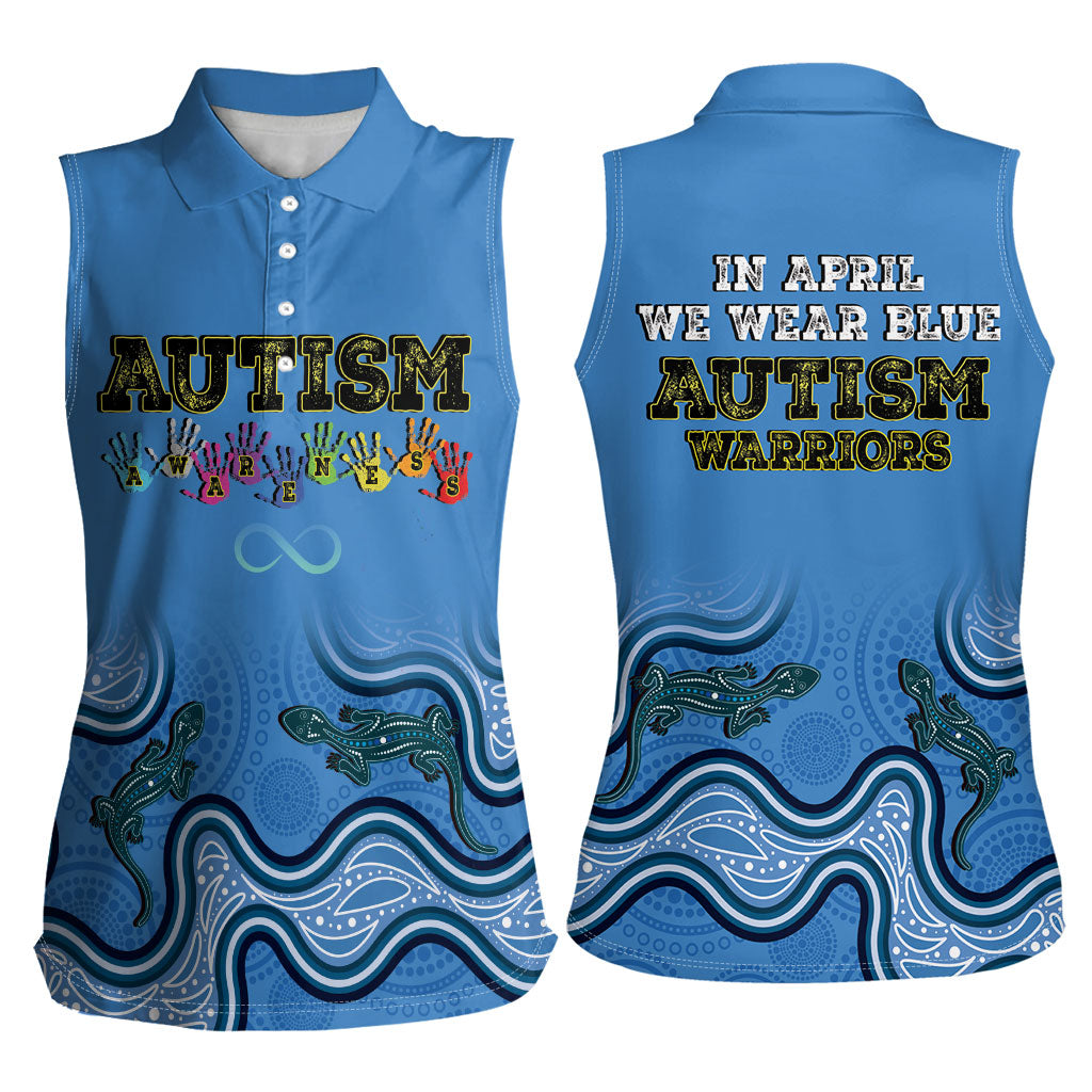 Australia Autism Support Women Sleeveless Polo Shirt In April We Wear Blue Aboriginal Lizard