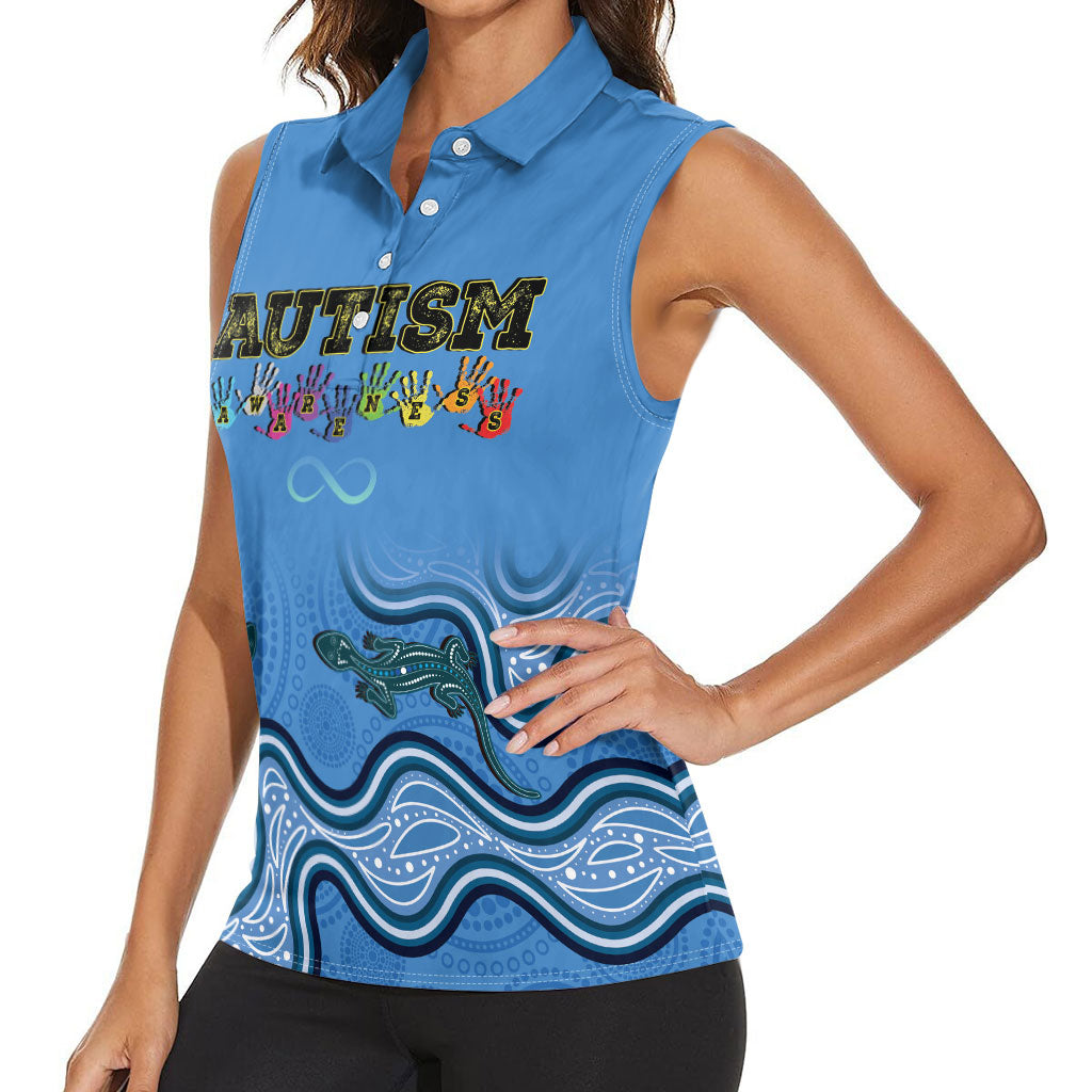 Australia Autism Support Women Sleeveless Polo Shirt In April We Wear Blue Aboriginal Lizard