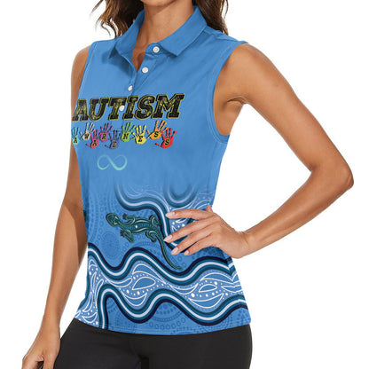 Australia Autism Support Women Sleeveless Polo Shirt In April We Wear Blue Aboriginal Lizard