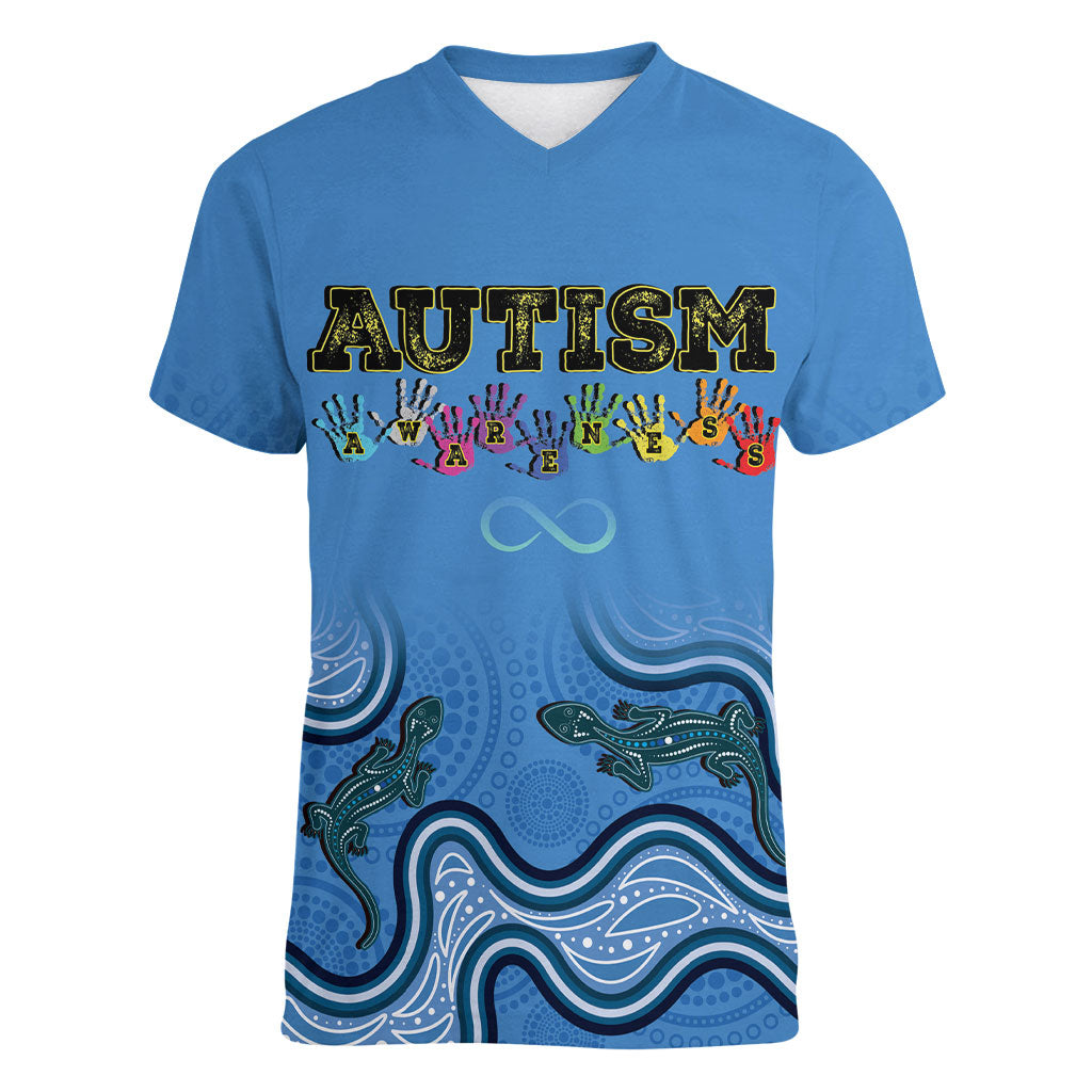 Australia Autism Support Women V-Neck T-Shirt In April We Wear Blue Aboriginal Lizard