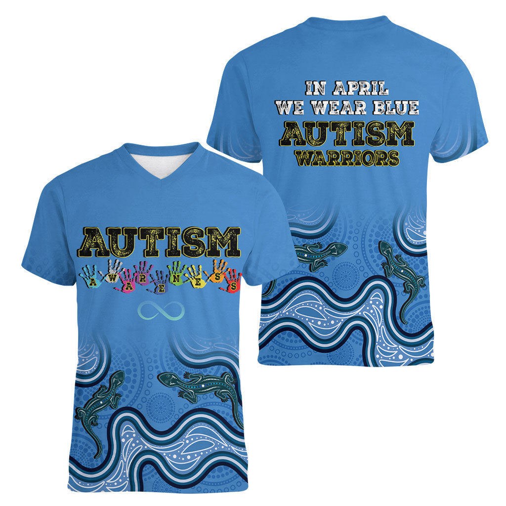 Australia Autism Support Women V-Neck T-Shirt In April We Wear Blue Aboriginal Lizard
