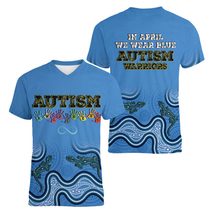 Australia Autism Support Women V-Neck T-Shirt In April We Wear Blue Aboriginal Lizard