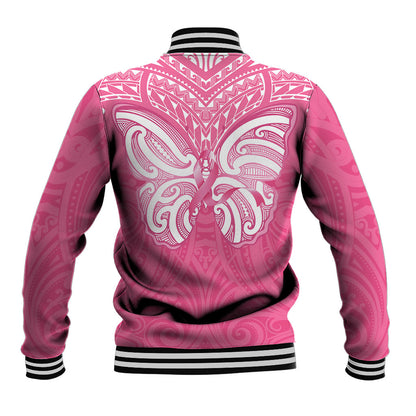 New Zealand Breast Cancer Support Baseball Jacket Maori Butterfly Pink Ribbon