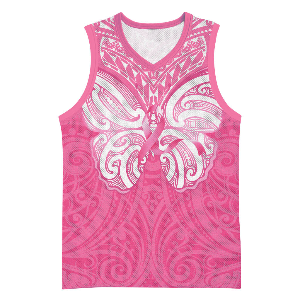 New Zealand Breast Cancer Support Basketball Jersey Maori Butterfly Pink Ribbon