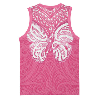 New Zealand Breast Cancer Support Basketball Jersey Maori Butterfly Pink Ribbon