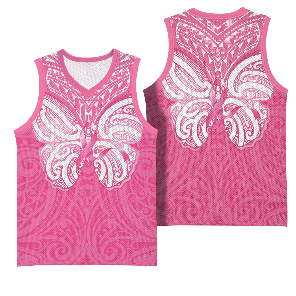 New Zealand Breast Cancer Support Basketball Jersey Maori Butterfly Pink Ribbon