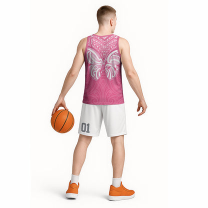 New Zealand Breast Cancer Support Basketball Jersey Maori Butterfly Pink Ribbon