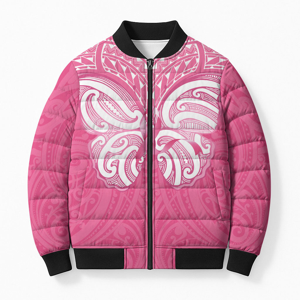 New Zealand Breast Cancer Support Bomber Puffer Jacket Maori Butterfly Pink Ribbon