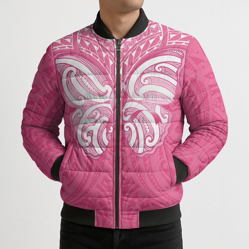 New Zealand Breast Cancer Support Bomber Puffer Jacket Maori Butterfly Pink Ribbon
