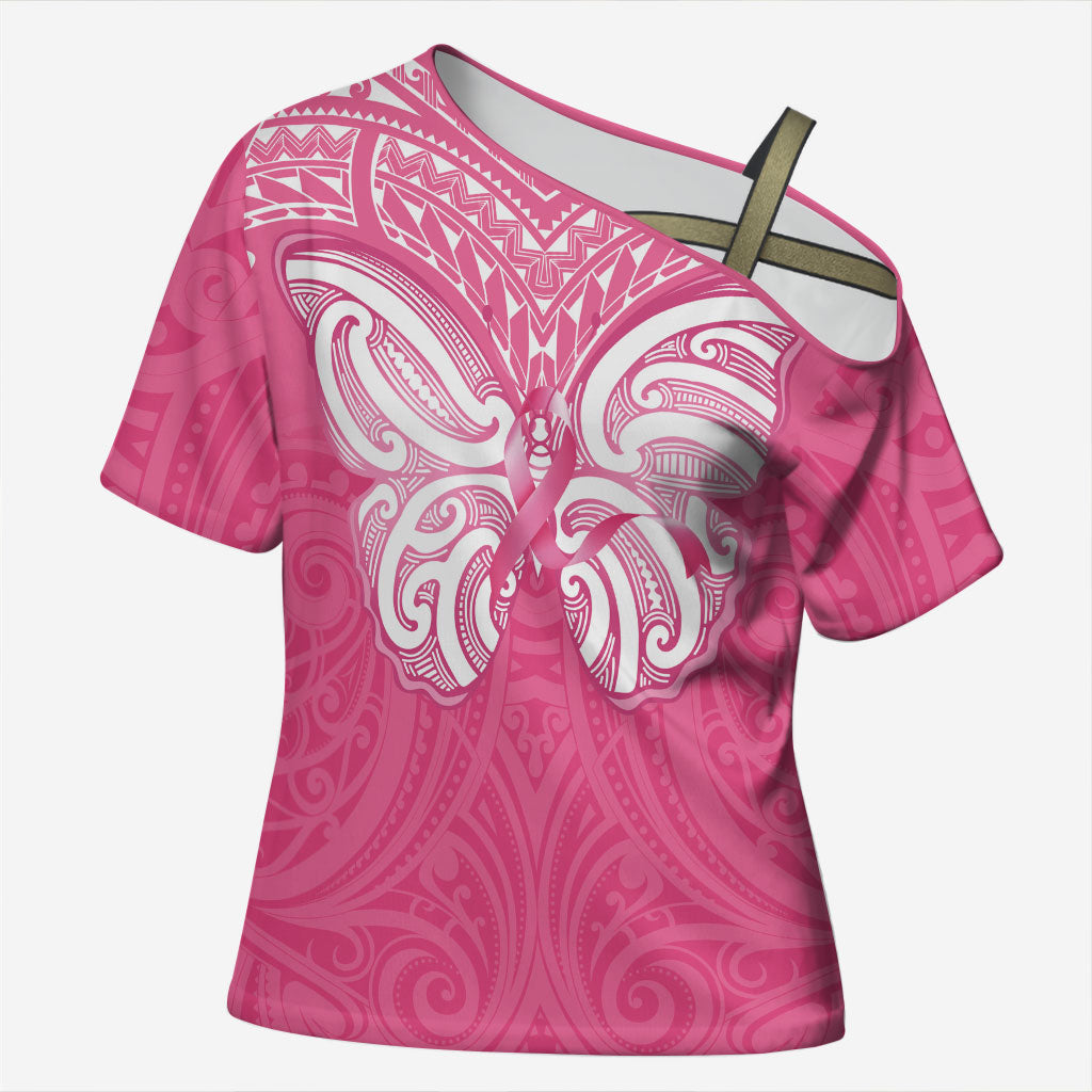 New Zealand Breast Cancer Support Cross Shoulder Shirt Maori Butterfly Pink Ribbon