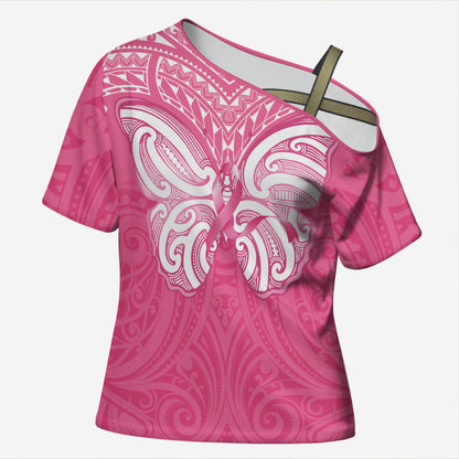 New Zealand Breast Cancer Support Cross Shoulder Shirt Maori Butterfly Pink Ribbon