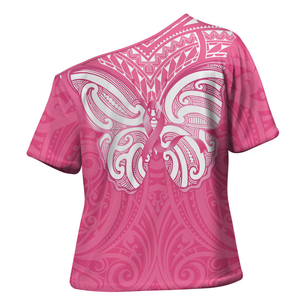 New Zealand Breast Cancer Support Cross Shoulder Shirt Maori Butterfly Pink Ribbon