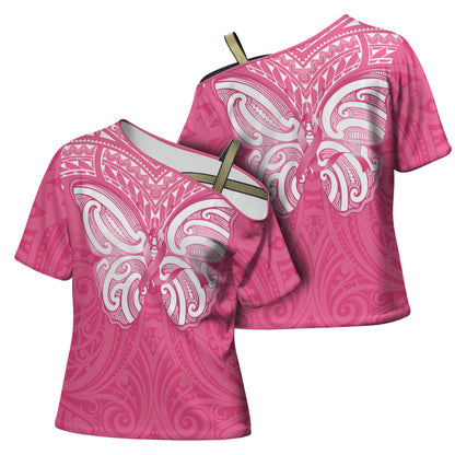 New Zealand Breast Cancer Support Cross Shoulder Shirt Maori Butterfly Pink Ribbon