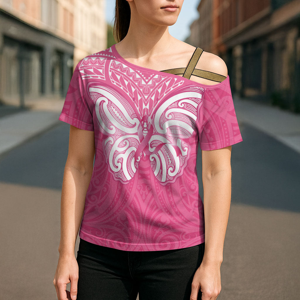 New Zealand Breast Cancer Support Cross Shoulder Shirt Maori Butterfly Pink Ribbon
