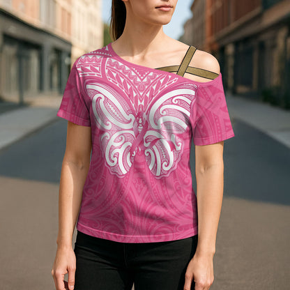 New Zealand Breast Cancer Support Cross Shoulder Shirt Maori Butterfly Pink Ribbon