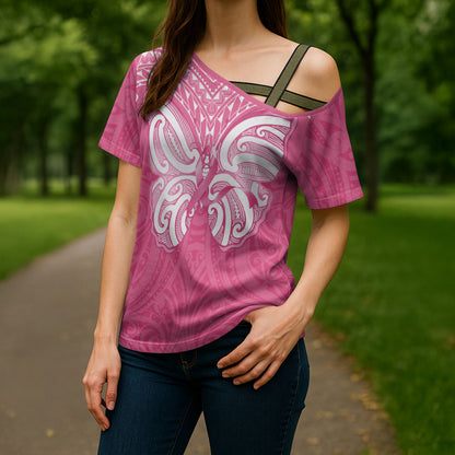 New Zealand Breast Cancer Support Cross Shoulder Shirt Maori Butterfly Pink Ribbon