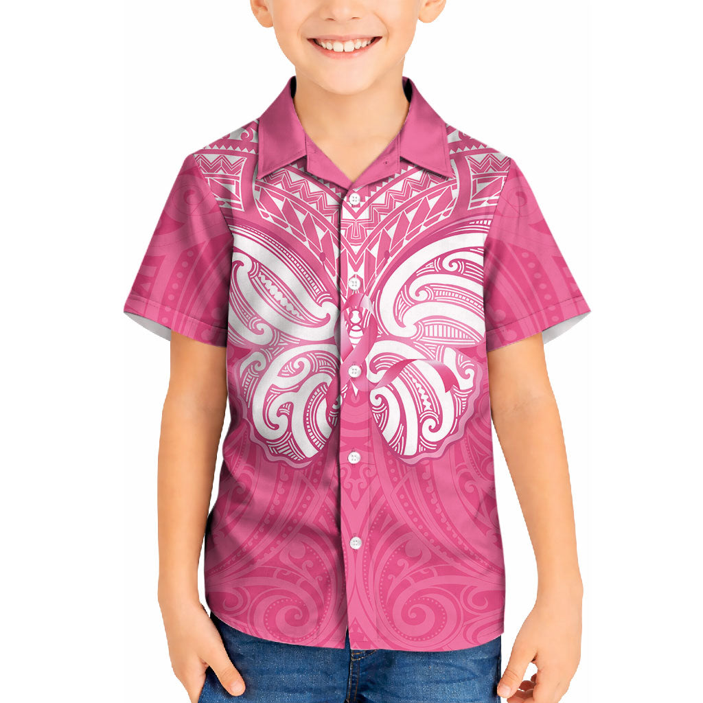 New Zealand Breast Cancer Support Kid Hawaiian Shirt Maori Butterfly Pink Ribbon
