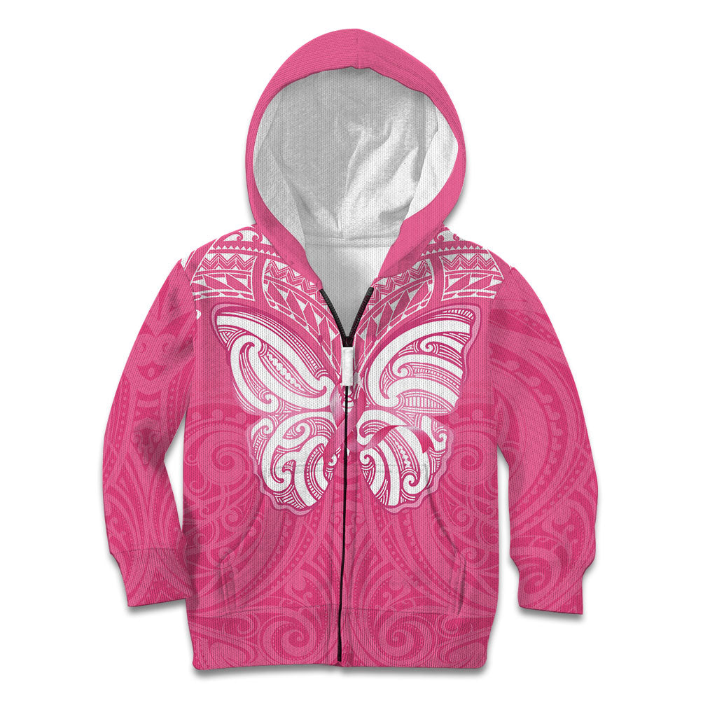 New Zealand Breast Cancer Support Kid Hoodie Maori Butterfly Pink Ribbon
