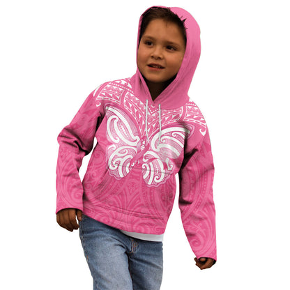 New Zealand Breast Cancer Support Kid Hoodie Maori Butterfly Pink Ribbon