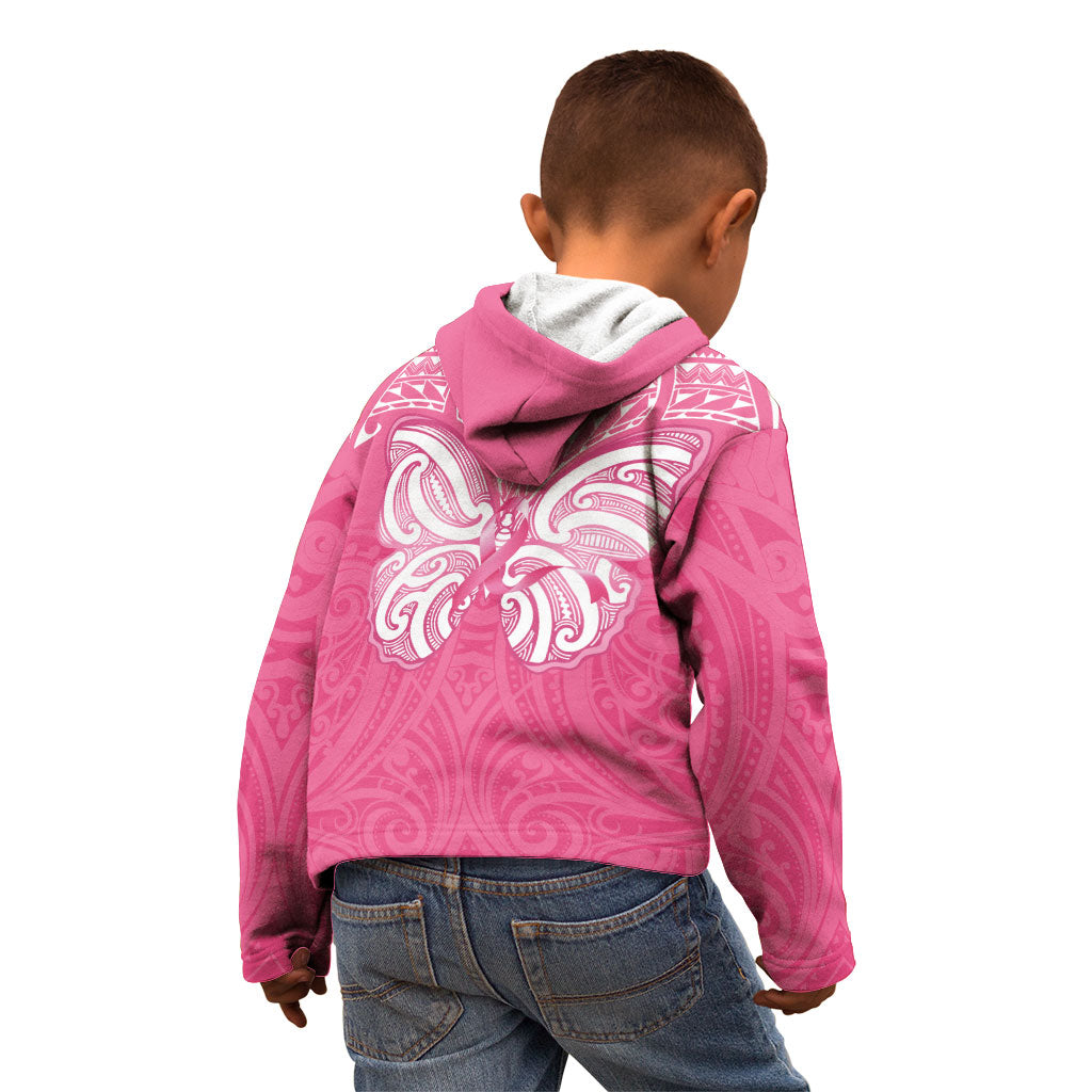 New Zealand Breast Cancer Support Kid Hoodie Maori Butterfly Pink Ribbon