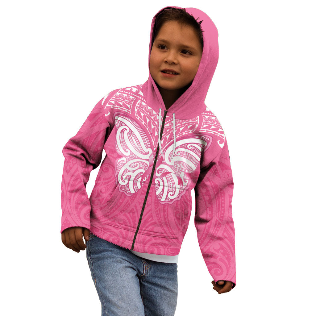 New Zealand Breast Cancer Support Kid Hoodie Maori Butterfly Pink Ribbon