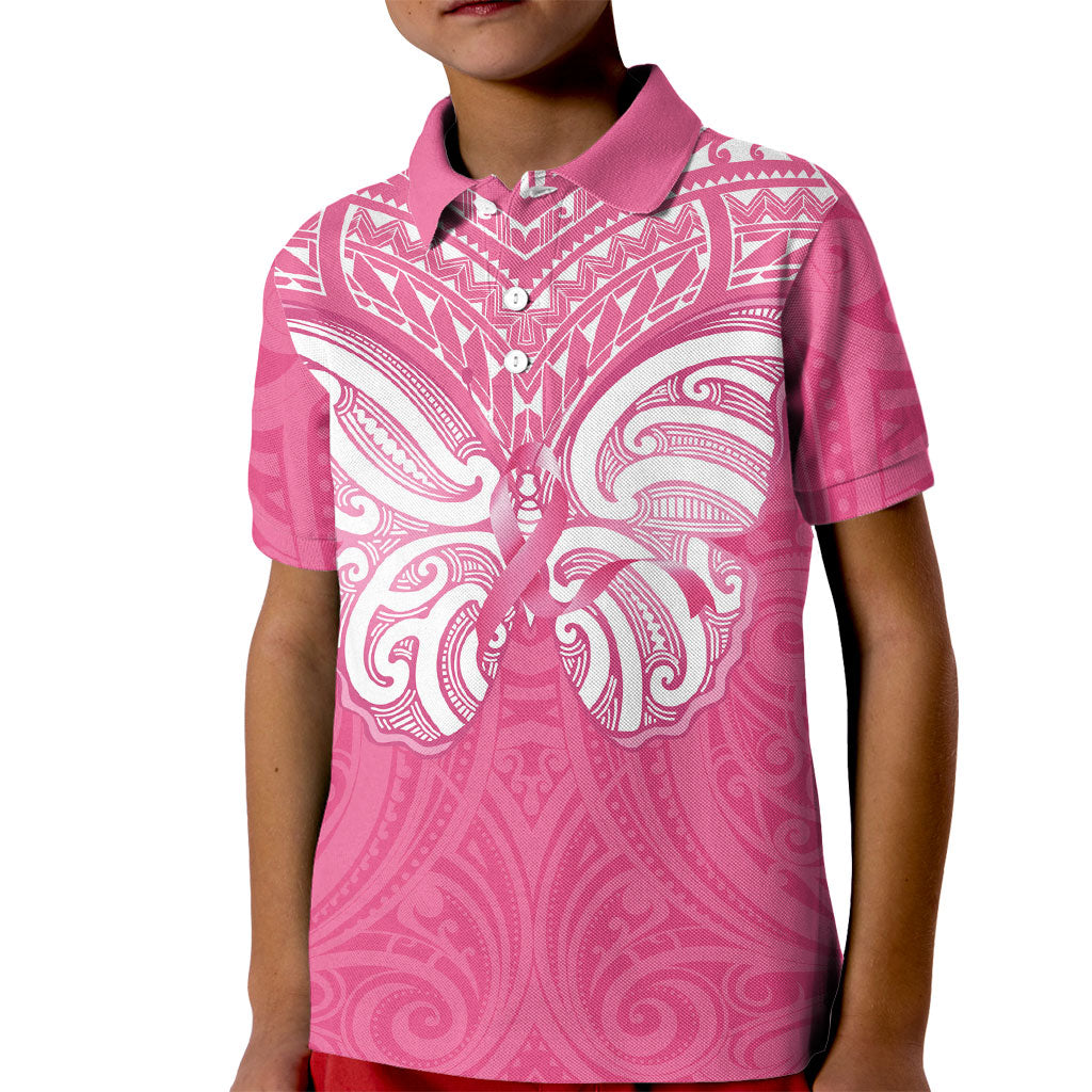 New Zealand Breast Cancer Support Kid Polo Shirt Maori Butterfly Pink Ribbon