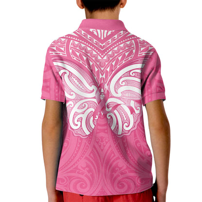 New Zealand Breast Cancer Support Kid Polo Shirt Maori Butterfly Pink Ribbon