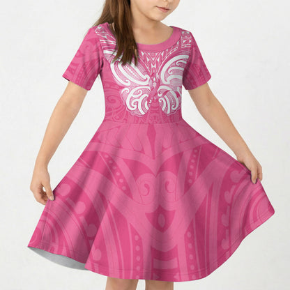New Zealand Breast Cancer Support Kid Short Sleeve Dress Maori Butterfly Pink Ribbon