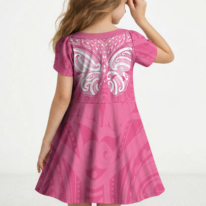 New Zealand Breast Cancer Support Kid Short Sleeve Dress Maori Butterfly Pink Ribbon