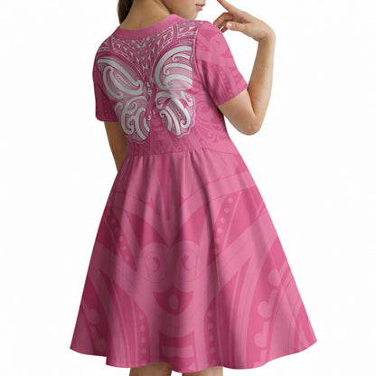 New Zealand Breast Cancer Support Kid Short Sleeve Dress Maori Butterfly Pink Ribbon