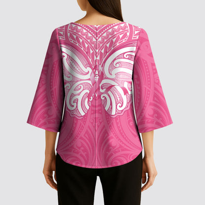 New Zealand Breast Cancer Support Kimono Sleeve Blouse Maori Butterfly Pink Ribbon