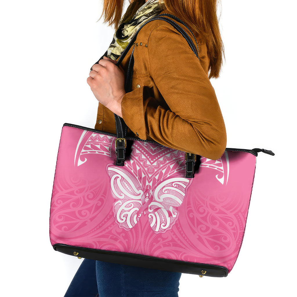 New Zealand Breast Cancer Support Leather Tote Bag Maori Butterfly Pink Ribbon