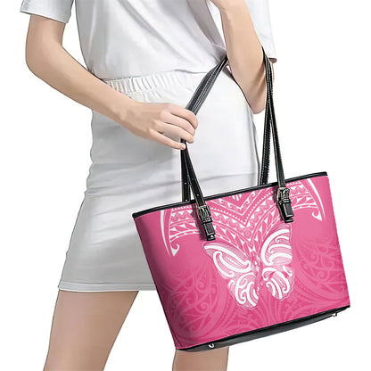 New Zealand Breast Cancer Support Leather Tote Bag Maori Butterfly Pink Ribbon