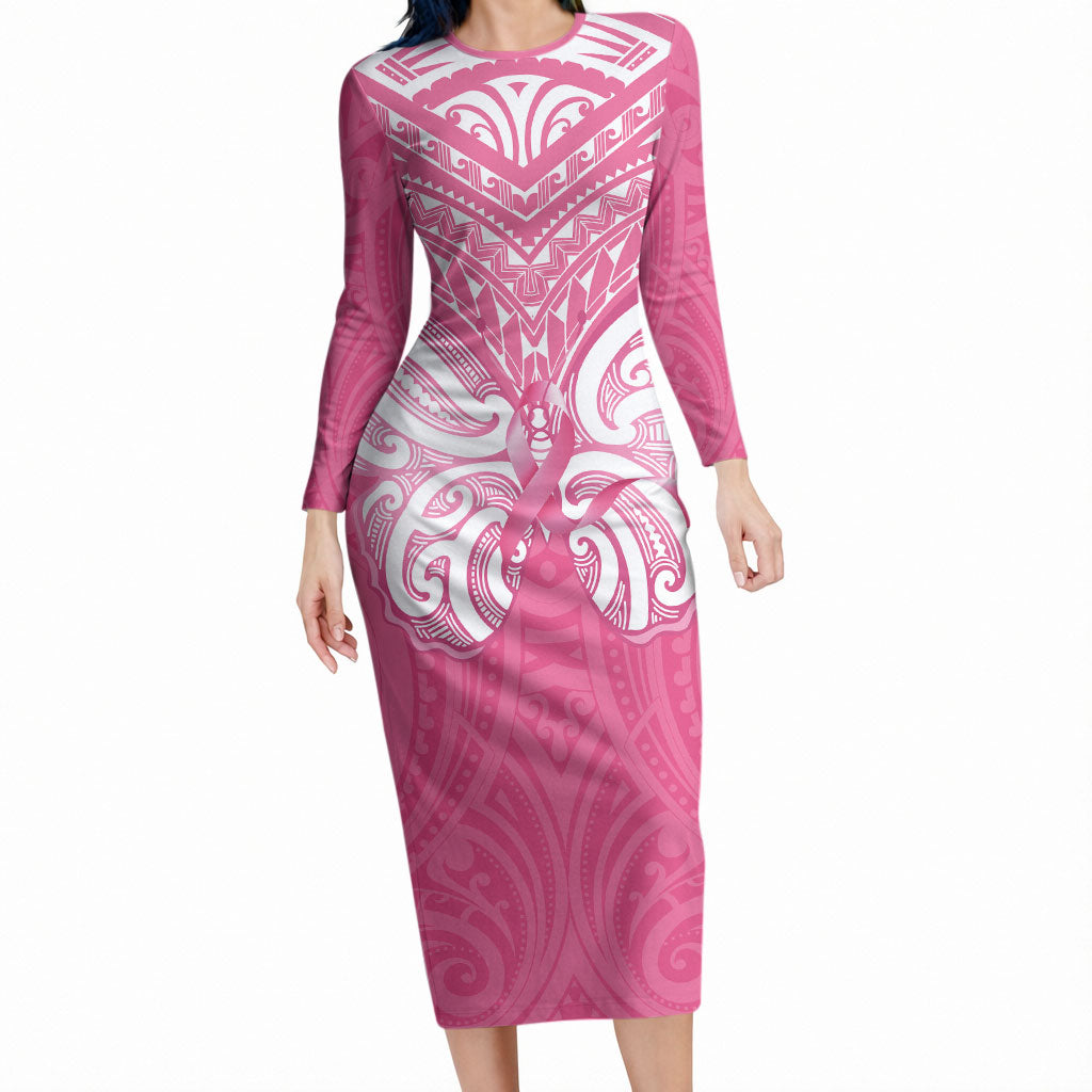 New Zealand Breast Cancer Support Long Sleeve Bodycon Dress Maori Butterfly Pink Ribbon