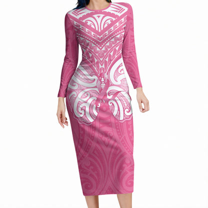 New Zealand Breast Cancer Support Long Sleeve Bodycon Dress Maori Butterfly Pink Ribbon