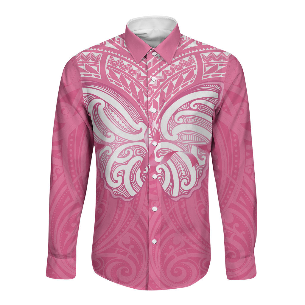 New Zealand Breast Cancer Support Long Sleeve Button Shirt Maori Butterfly Pink Ribbon