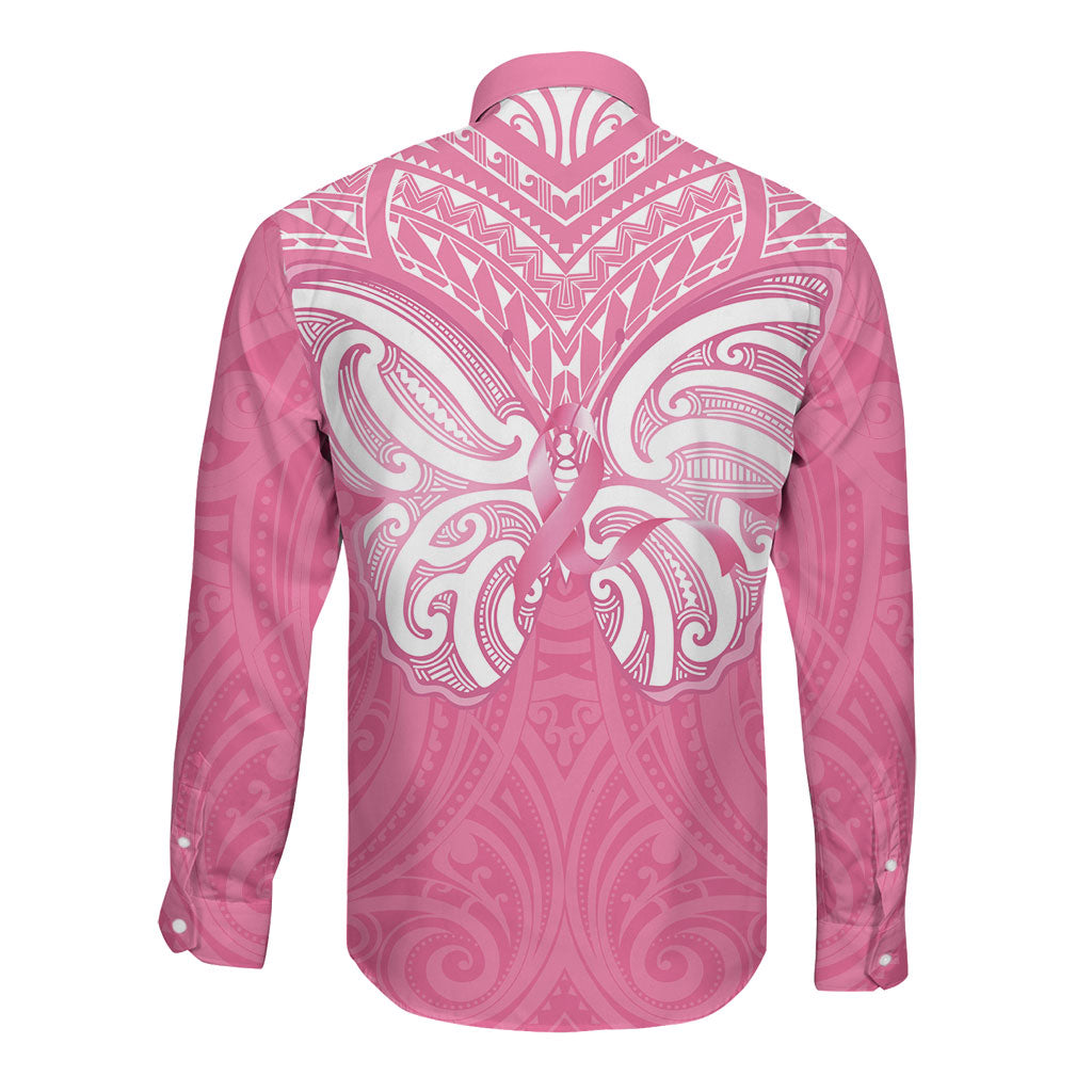 New Zealand Breast Cancer Support Long Sleeve Button Shirt Maori Butterfly Pink Ribbon